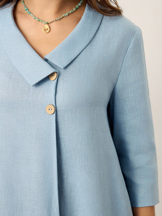LINTICO 100% linen asymmetric shawl collar A-line midi dress in ice blue, stylish and breathable for casual or formal wear.