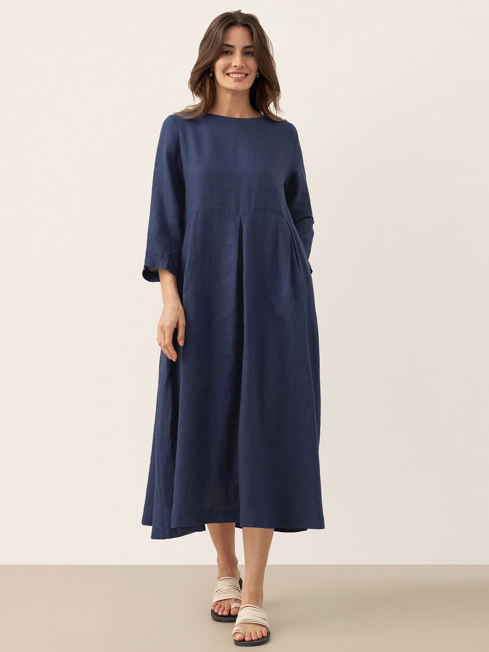 100% Linen Bateau Neck Pleated Midi Dress - Glamourous Grace