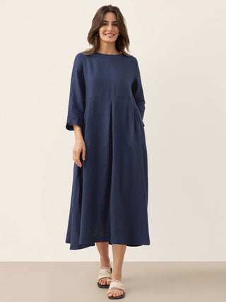 100% Linen Bateau Neck Pleated Midi Dress - Glamourous Grace
