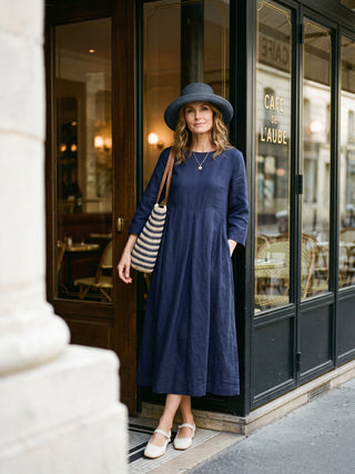 100% Linen Bateau Neck Pleated Midi Dress - Glamourous Grace
