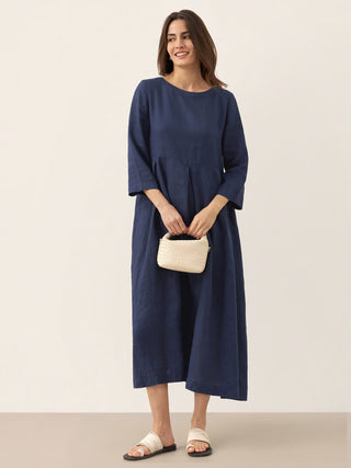 100% Linen Bateau Neck Pleated Midi Dress - Glamourous Grace
