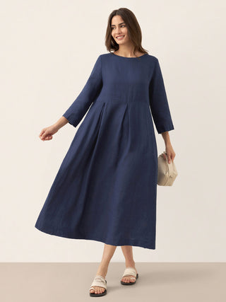 100% Linen Bateau Neck Pleated Midi Dress - Glamourous Grace