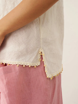 LINTICO 100% linen beaded hem camisole Bree in natural linen fabric, lightweight sleeveless top with decorative beaded hem.