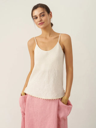 LINTICO 100% linen beaded hem camisole Bree in natural linen fabric with delicate beaded detail at the hem, stylish and lightweight.