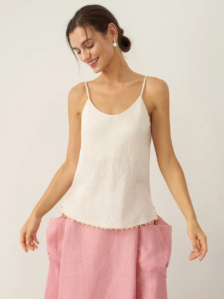 LINTICO 100% linen beaded hem camisole Bree in natural linen, sleeveless top with delicate beaded detail at the hem.