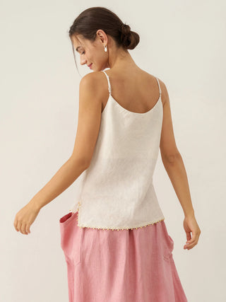 LINTICO 100% linen beaded hem camisole Bree in natural linen fabric, sleeveless top with delicate beaded trim detail.