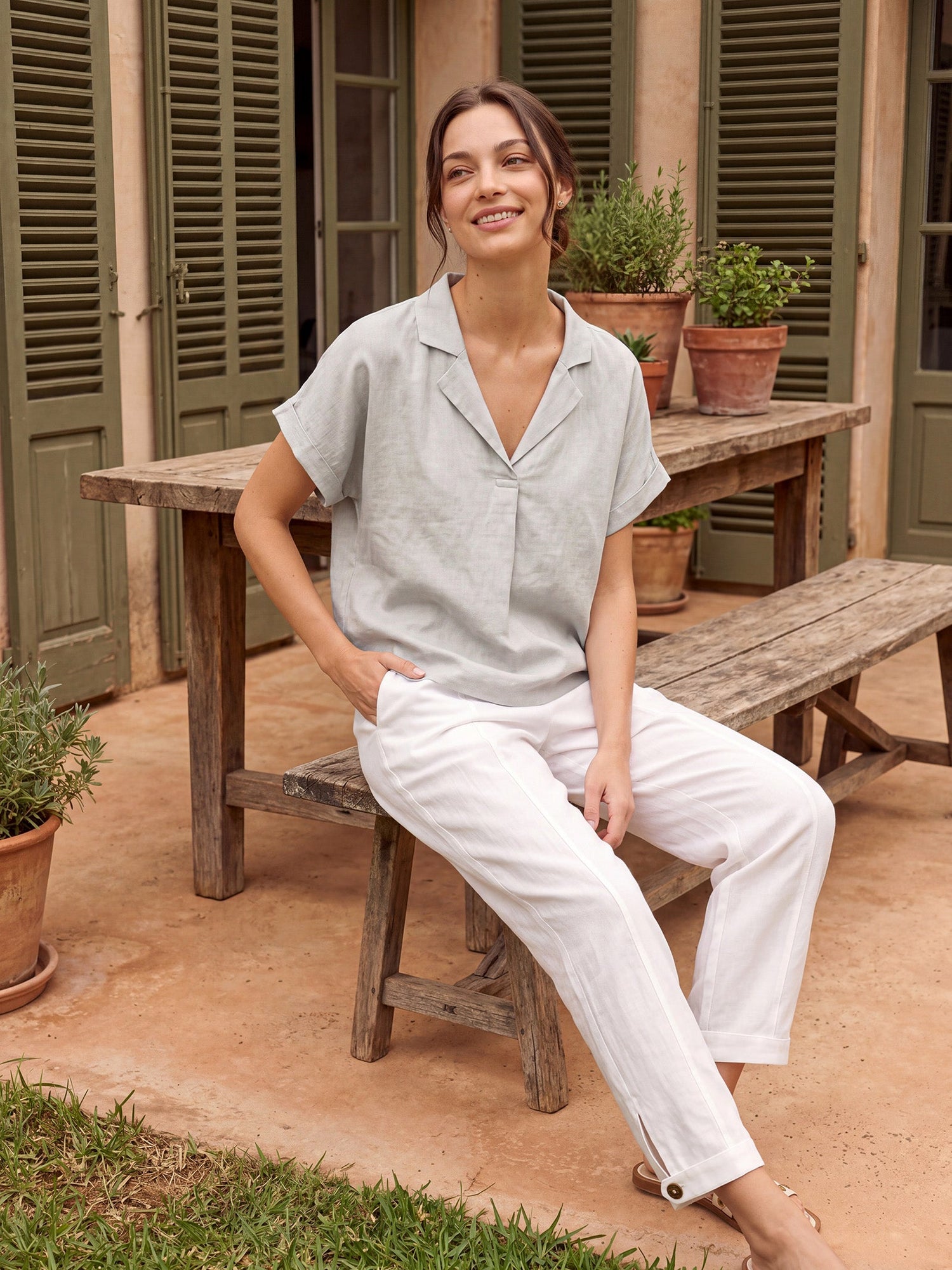 100% Linen Blazer-Inspired Pullover Top DINA - Glamourous Grace