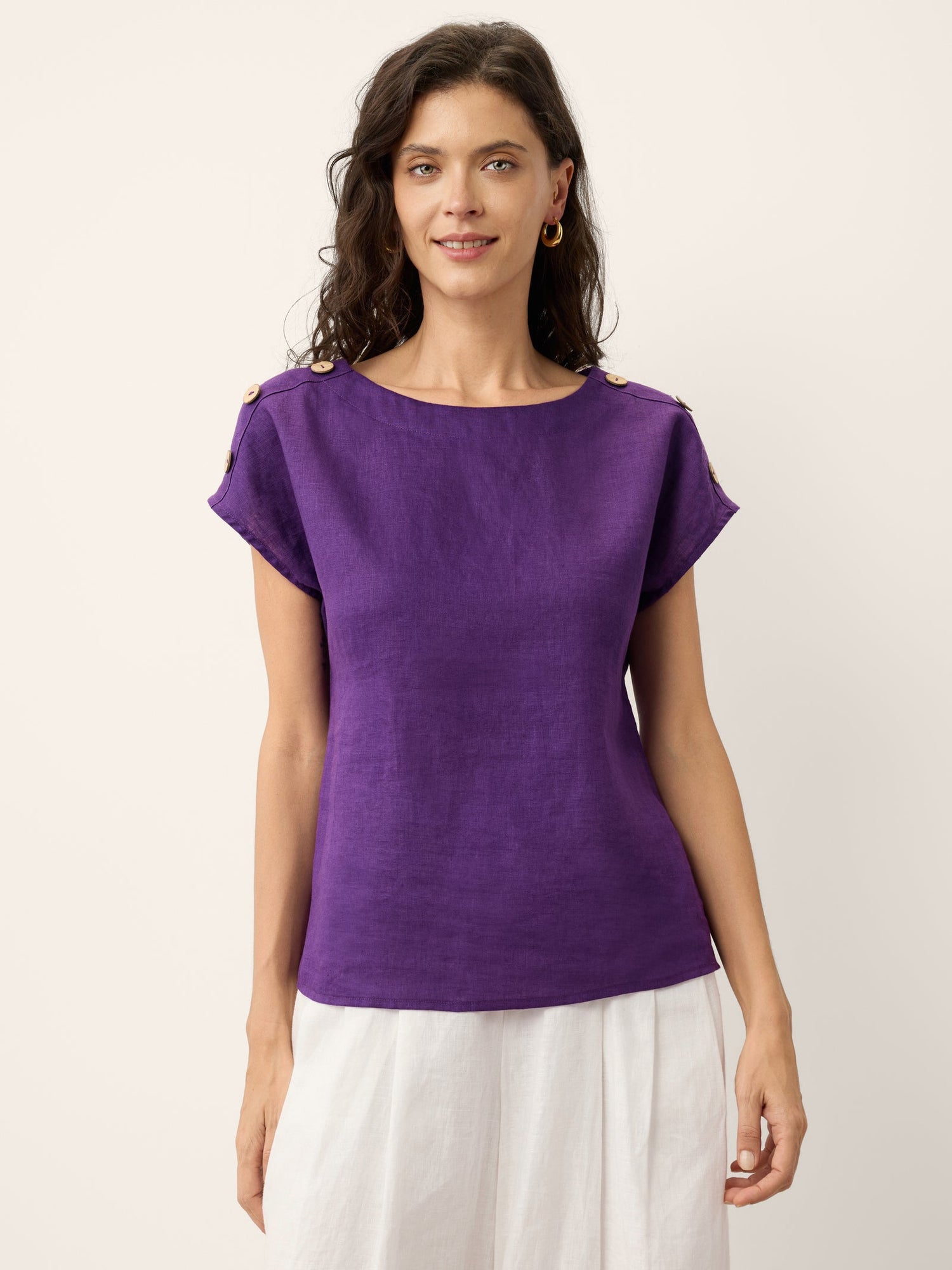 100% Linen Round Neck Button Detail Top ISABELLE - Glamourous Grace