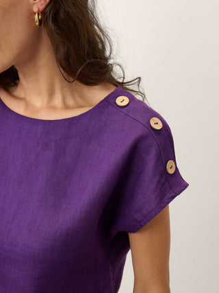 100% Linen Round Neck Button Detail Top ISABELLE - Glamourous Grace