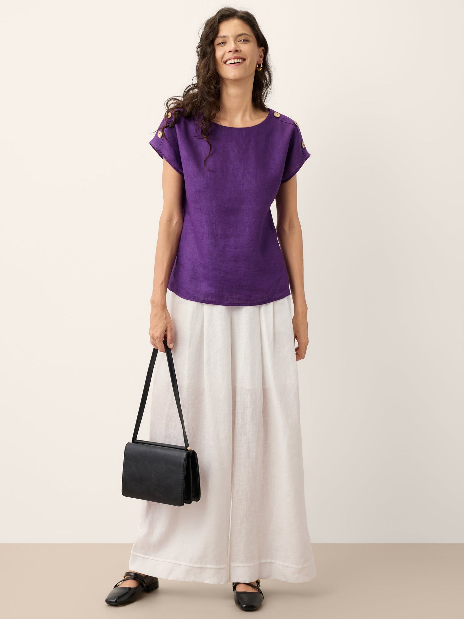 100% Linen Round Neck Button Detail Top ISABELLE - Glamourous Grace