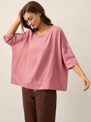 LINTICO Aurora lavender 100% linen boatneck blouse with 3/4 length sleeves, lightweight and breathable for casual wear