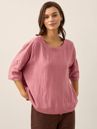 LINTICO lavender linen boatneck top with 3/4 length sleeves, casual and breathable for stylish comfort.