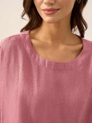 LINTICO lavender 100% linen boatneck top with 3/4 length sleeves, casual blouse for warm weather.