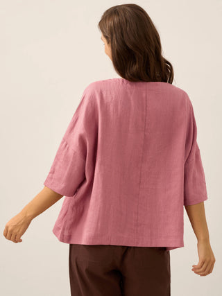 LINTICO Aurora lavender 100% linen boatneck top with 3/4 length sleeves, lightweight blouse for casual or office wear.