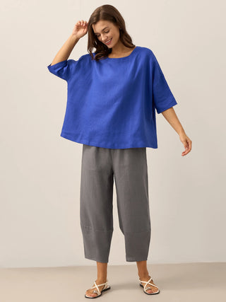 LINTICO Aurora royal blue 100% linen boatneck blouse with 3/4 length sleeves, lightweight and breathable linen top.