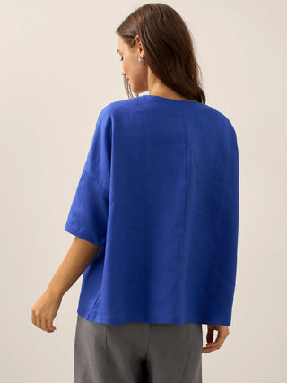 LINTICO Aurora royal blue 100% linen boatneck blouse with 3/4 length sleeves, casual and breathable top for everyday wear.