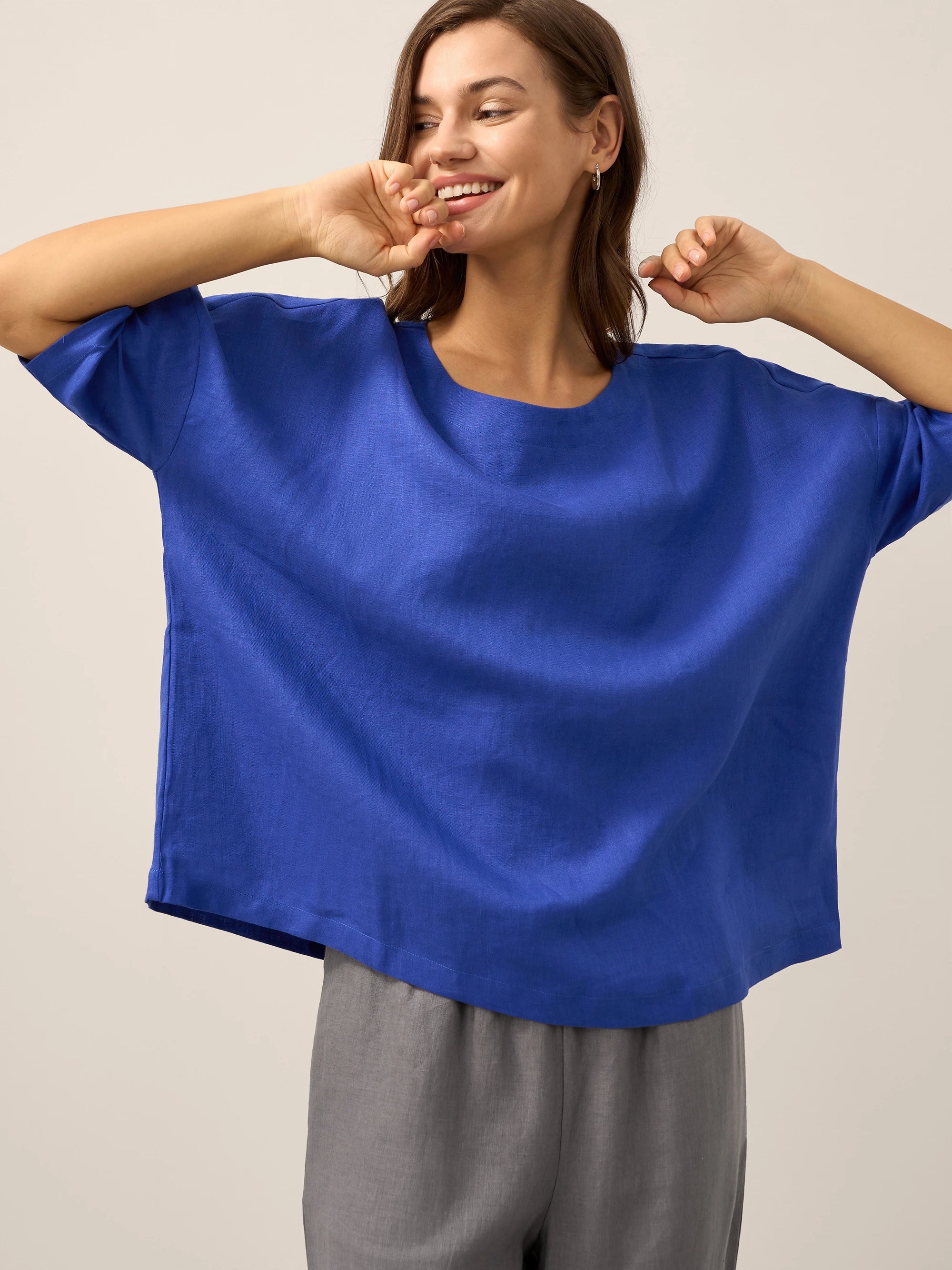 100% Linen Boatneck 3/4 Length Sleeve Top AURORA - Glamourous Grace