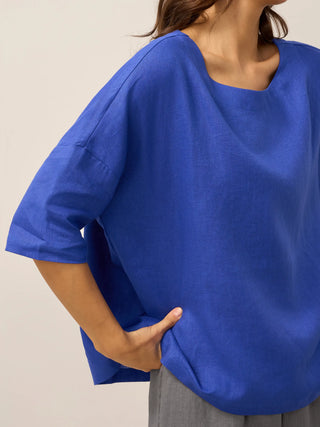 LINTICO Aurora royal blue 100% linen boatneck top with 3/4 length sleeves, casual blouse, lightweight and breathable fabric.