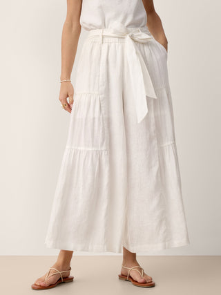 LINTICO 100% linen bow-waist tiered pants TARYN in optic white, featuring a relaxed fit and stylish design for casual wear.