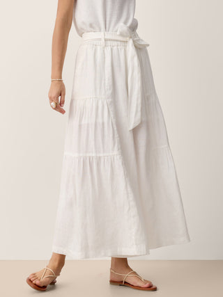 LINTICO 100% linen bow-waist tiered pants in optic white, stylish wide-leg bottoms with a relaxed fit and tiered design.