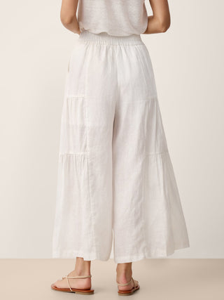 LINTICO 100% linen bow-waist tiered pants TARYN in optic white, featuring a relaxed fit and stylish design, perfect for casual wear.