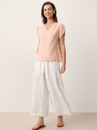 LINTICO 100% linen bow-waist tiered pants TARYN in optic white, featuring a relaxed fit and stylish design.