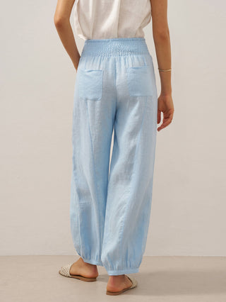 LINTICO baby blue 100% linen pants with broad elastic waistband, stylish and comfortable bottoms for casual wear.