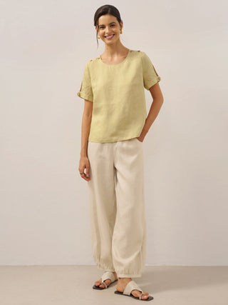 LINTICO TALIA 100% linen wide-leg pants with broad elastic waistband in khaki, casual and breathable for comfortable wear.