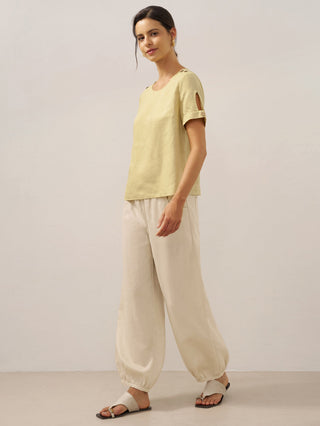 LINTICO 100% linen wide-leg pants with broad elastic waistband in khaki, featuring relaxed fit and casual style.