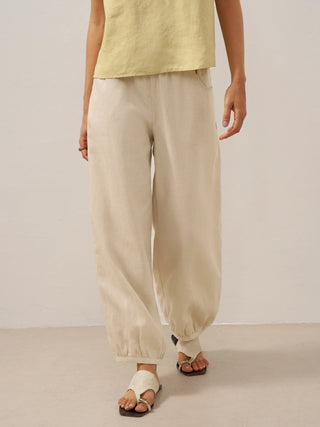 LINTICO TALIA 100% linen wide elastic waistband pants in khaki, casual bottoms with a relaxed fit and broad waistband.