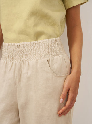 LINTICO TALIA 100% linen wide-leg pants with broad elastic waistband in khaki, casual and breathable bottoms for comfortable wear.