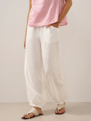 LINTICO TALIA 100% linen broad elastic waistband pants in optic white, relaxed fit, lightweight and comfortable for casual wear.