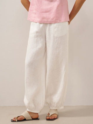 LINTICO TALIA 100% linen broad elastic waistband pants in optic white, casual and comfortable linen bottom with relaxed fit.