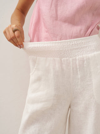 LINTICO TALIA 100% linen wide elastic waistband pants in optic white, relaxed fit, lightweight breathable linen bottom.