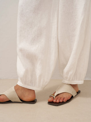 LINTICO Talia 100% linen broad elastic waistband pants in optic white, relaxed fit with wide legs and comfortable design.