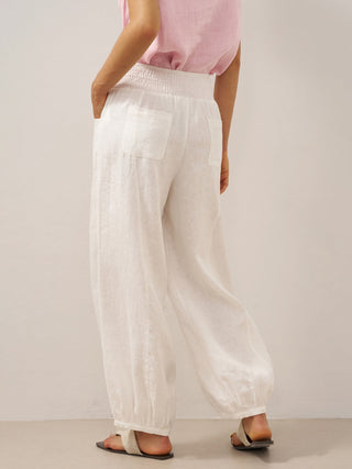 LINTICO TALIA 100% linen pants with broad elastic waistband in optic white, relaxed fit, lightweight and breathable.