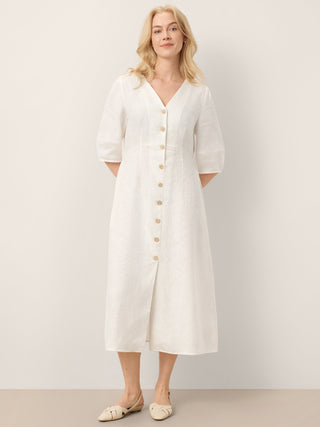 100% Linen Button-Front Lantern Sleeve Elasticated Waist Midi Dress LINNEA