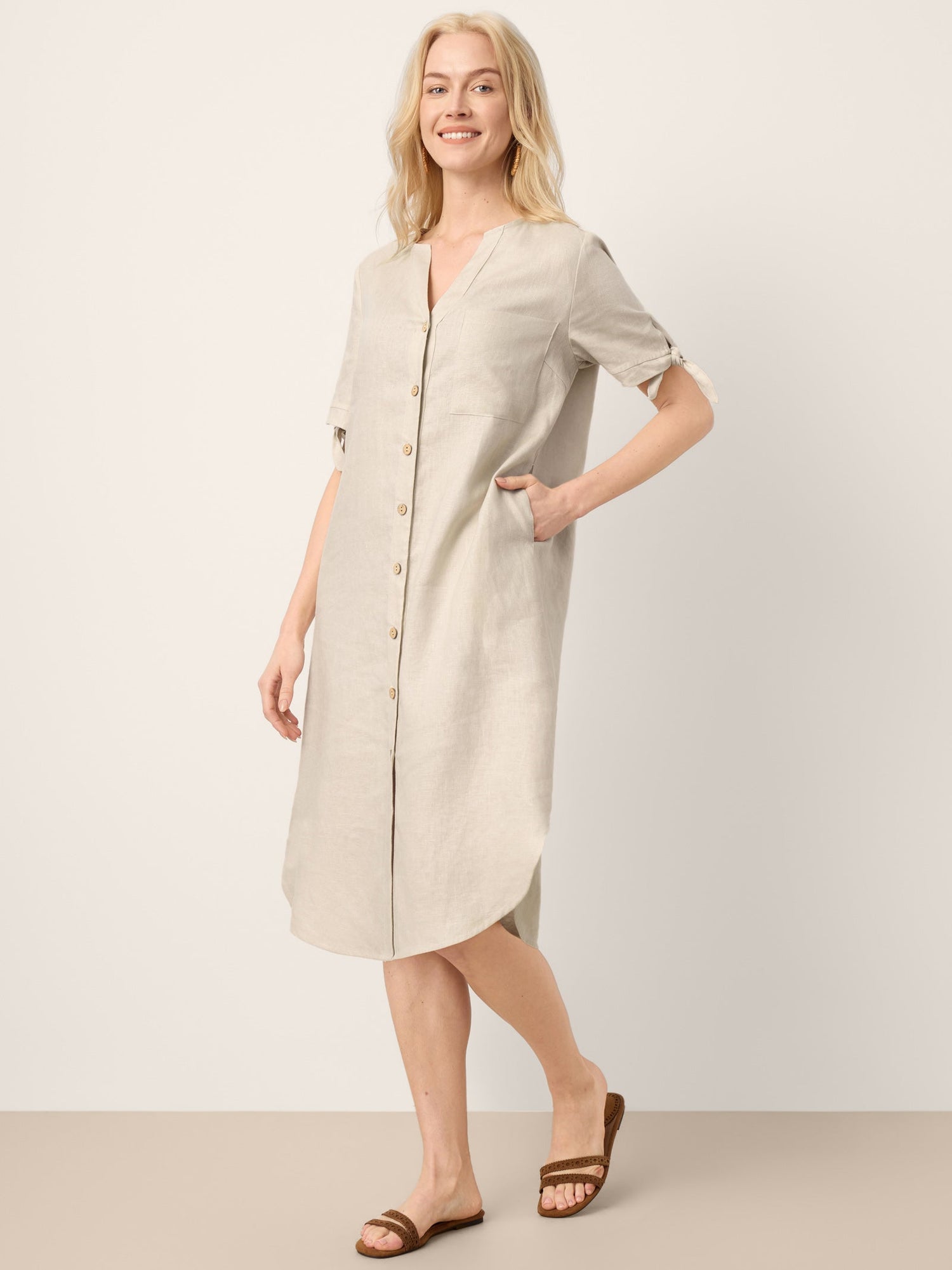100% Linen Button-Front Tie Cuff V-Neck Shirt Dress HONORIA - Glamourous Grace