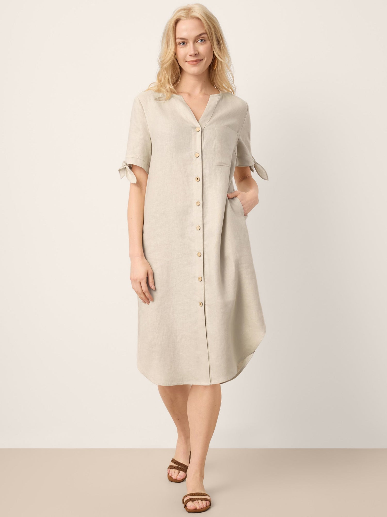 100% Linen Button-Front Tie Cuff V-Neck Shirt Dress HONORIA - Glamourous Grace