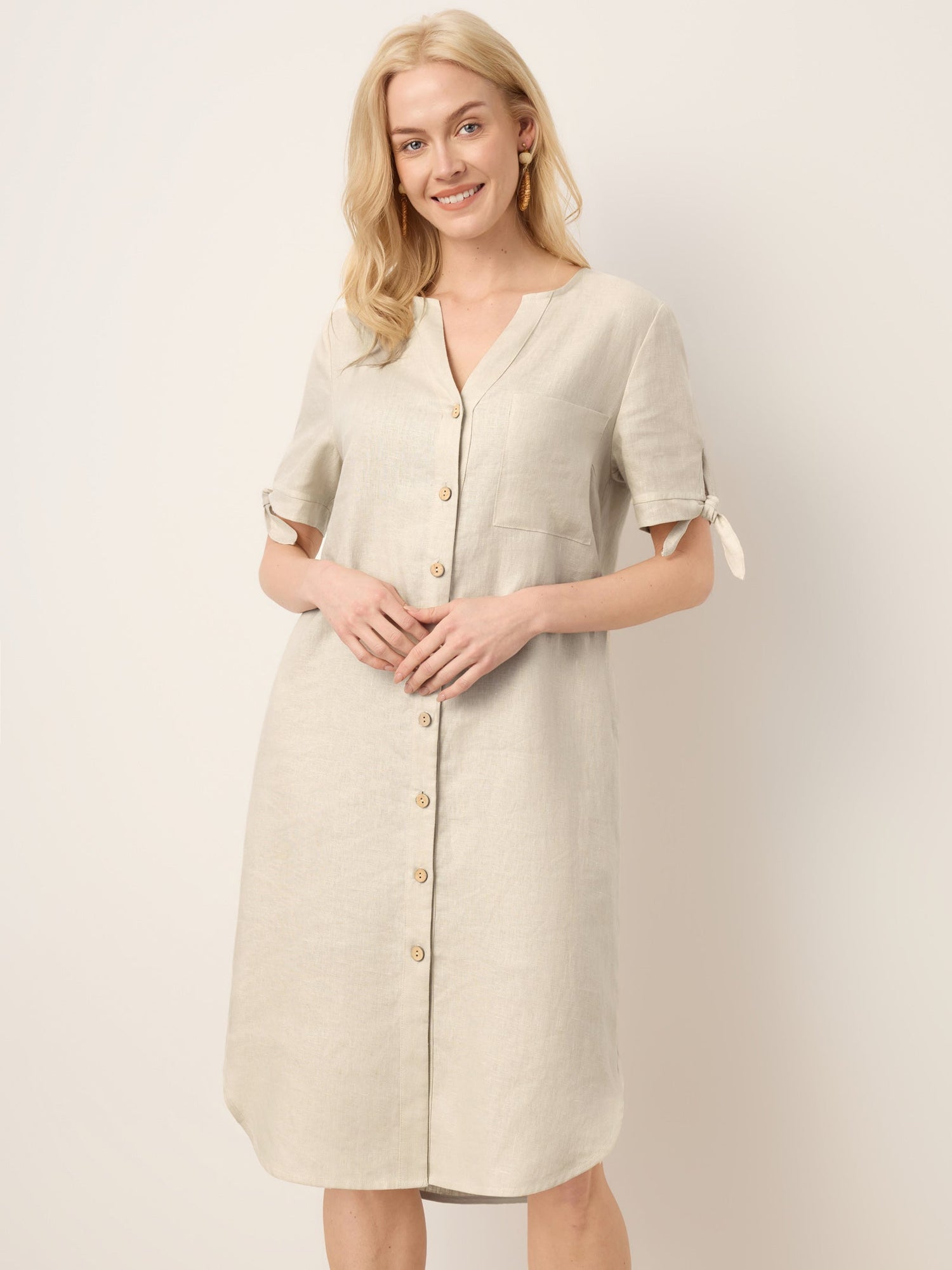 100% Linen Button-Front Tie Cuff V-Neck Shirt Dress HONORIA - Glamourous Grace