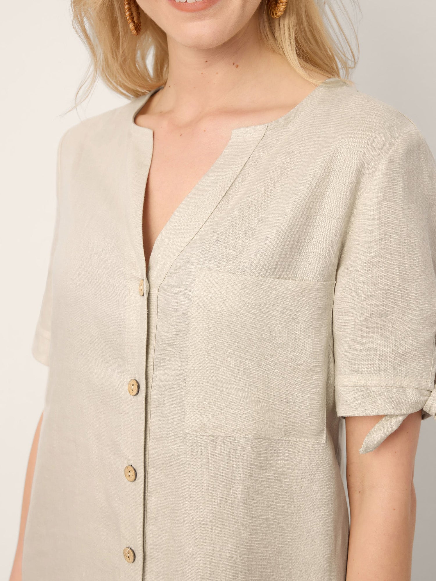100% Linen Button-Front Tie Cuff V-Neck Shirt Dress HONORIA - Glamourous Grace
