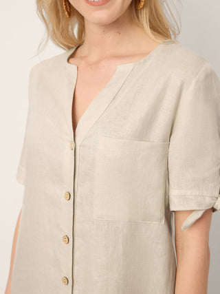 100% Linen Button-Front Tie Cuff V-Neck Shirt Dress HONORIA