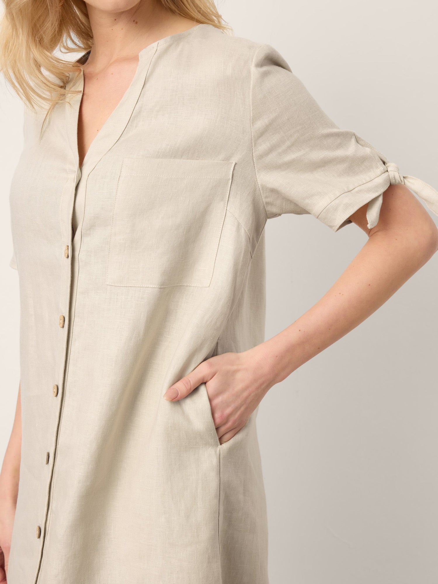 100% Linen Button-Front Tie Cuff V-Neck Shirt Dress HONORIA - Glamourous Grace