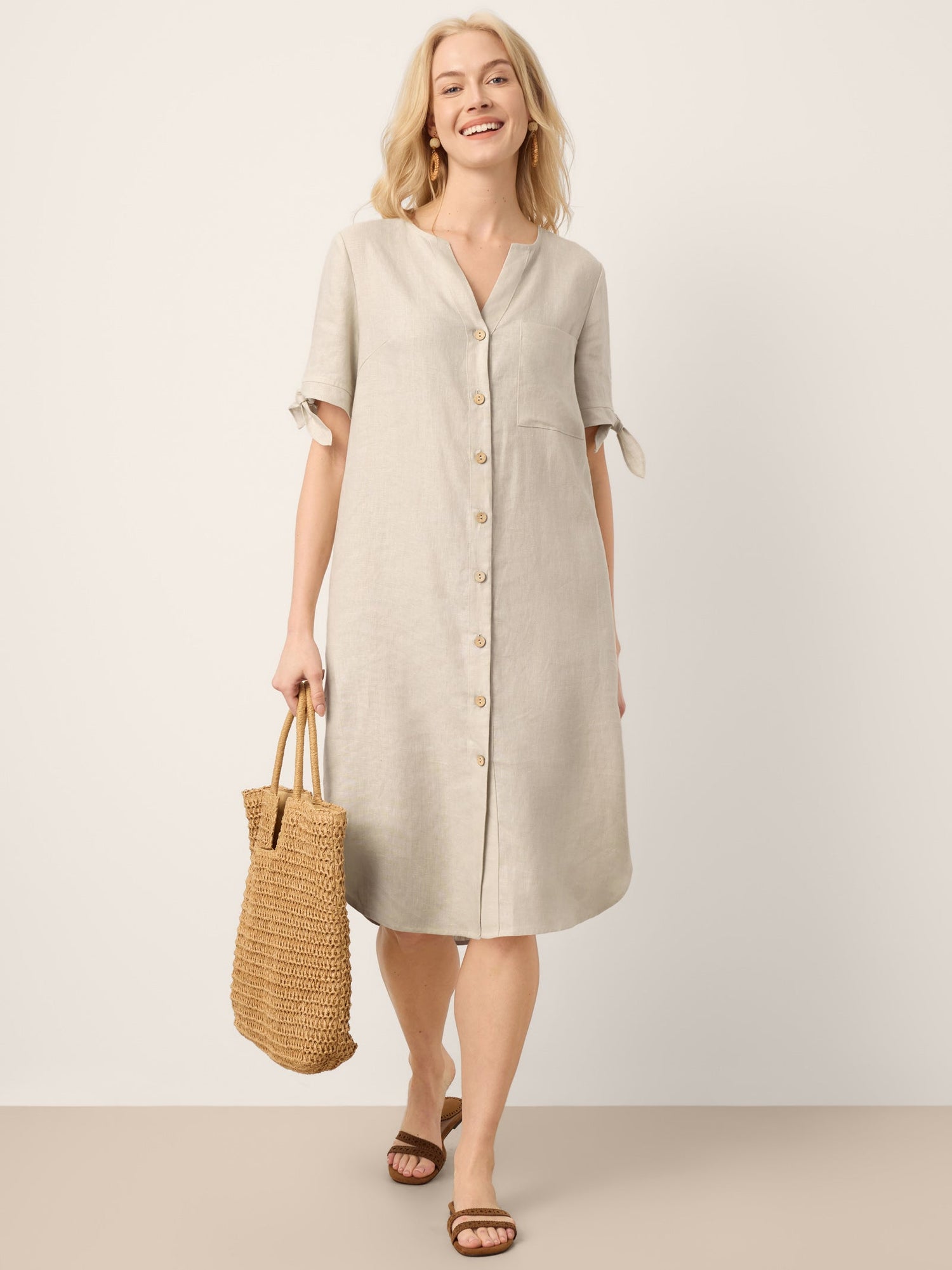 100% Linen Button-Front Tie Cuff V-Neck Shirt Dress HONORIA - Glamourous Grace
