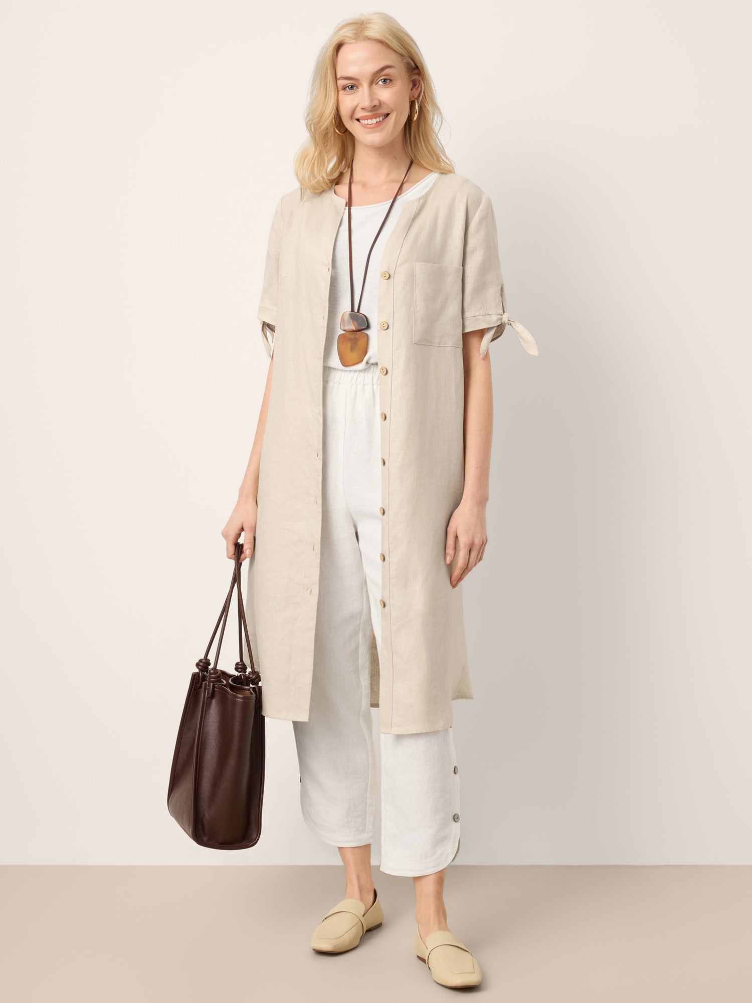 100% Linen Button-Front Tie Cuff V-Neck Shirt Dress HONORIA - Glamourous Grace