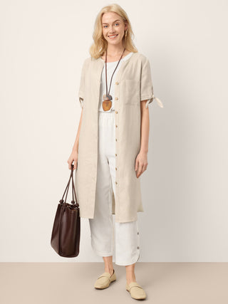 100% Linen Button-Front Tie Cuff V-Neck Shirt Dress HONORIA
