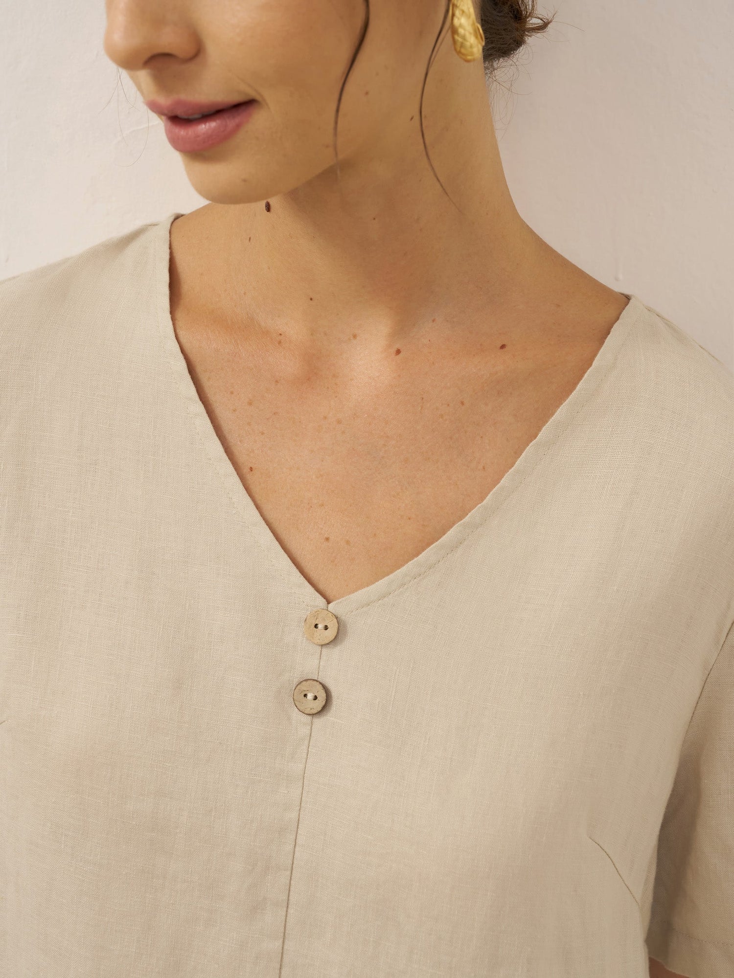 100% Linen Button Front V-Neck Midi Dress NOA - Glamourous Grace