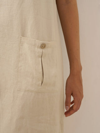 100% Linen Button Front V-Neck Midi Dress NOA