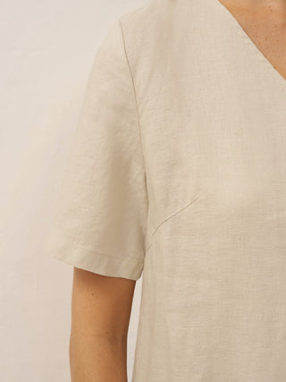 100% Linen Button Front V-Neck Midi Dress NOA