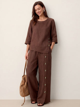 LINTICO Katya 100% linen buttoned slit-hem pants in espresso brown, featuring a relaxed fit and stylish design.